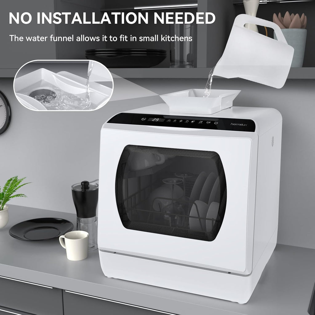 Hermitlux Countertop Dishwasher, 7 Washing Programs Portable Mini Dishwasher with 5-Liter Built-in Water Tank for Apartments & RVs, LED Light, Glass Door, No Hookup Needed wourant