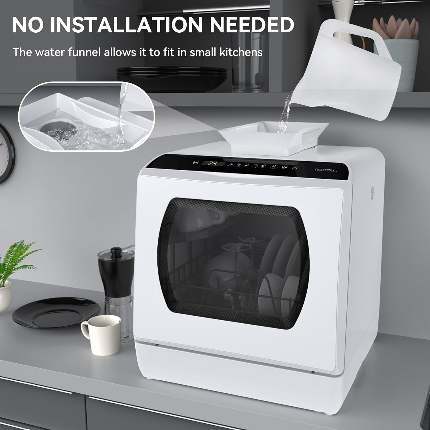 Hermitlux Countertop Dishwasher, 7 Washing Programs Portable Mini Dishwasher with 5-Liter Built-in Water Tank for Apartments & RVs, LED Light, Glass Door, No Hookup Needed wourant