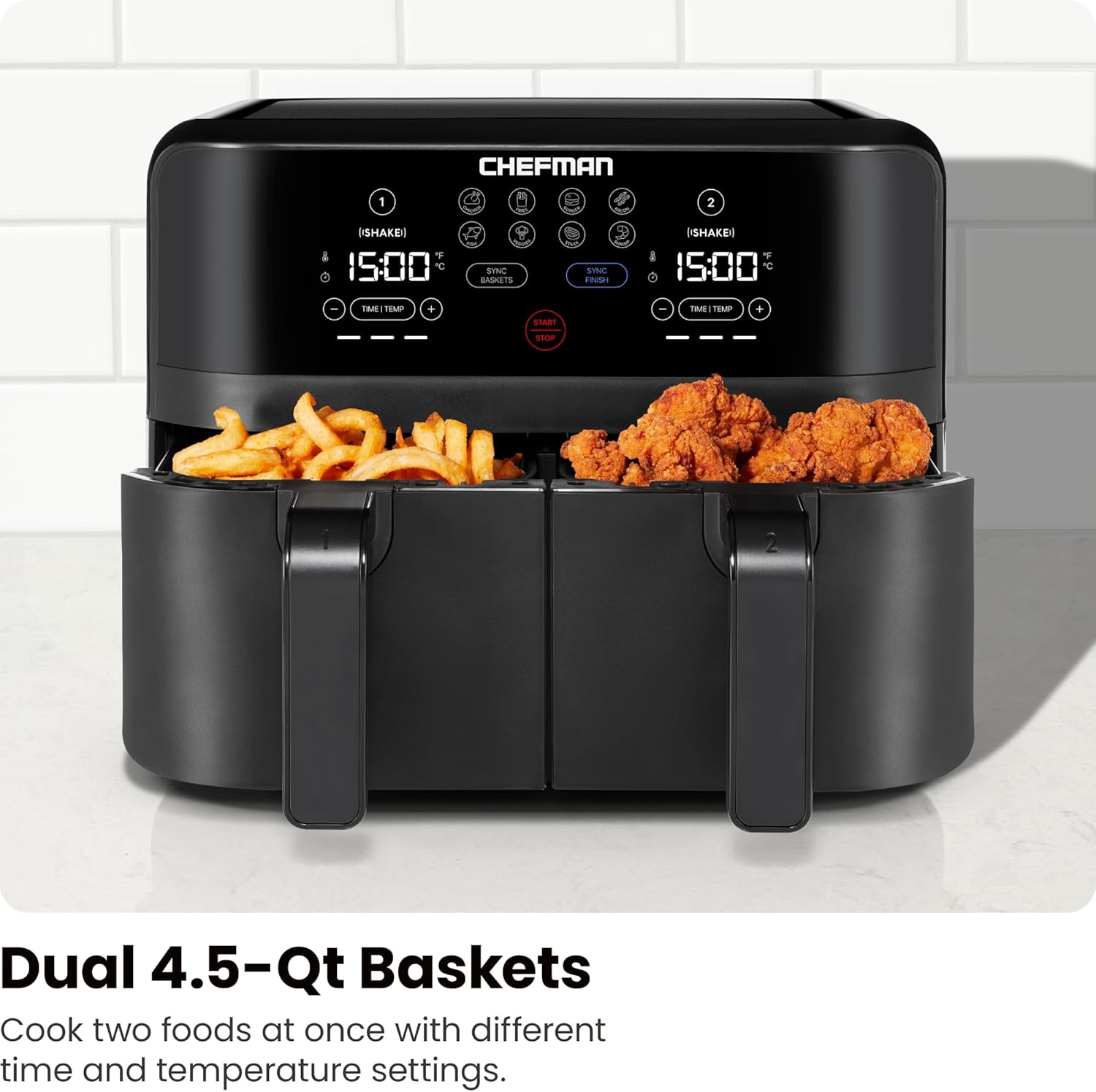 Chefman 6 Quart Dual Basket Air Fryer - Digital Touchscreen, Smart Sync Finish, Hi-Fry, Auto Shutoff, 2 Independent 3QT Nonstick Dishwasher-Safe Frying Baskets - Digital Double Air Fryer - Black wourant
