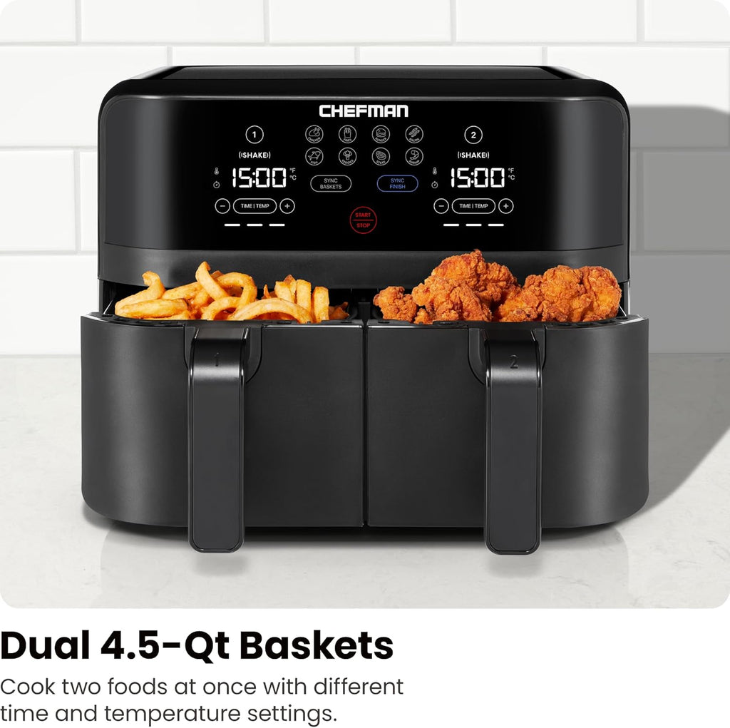 Chefman 6-Quart Dual Basket Air Fryer - Digital Touchscreen, Smart Sync Finish, High-Frying, Auto-Off, 2 Independent 3-Quart Nonstick Pans, Dishwasher-Safe Baskets wourant