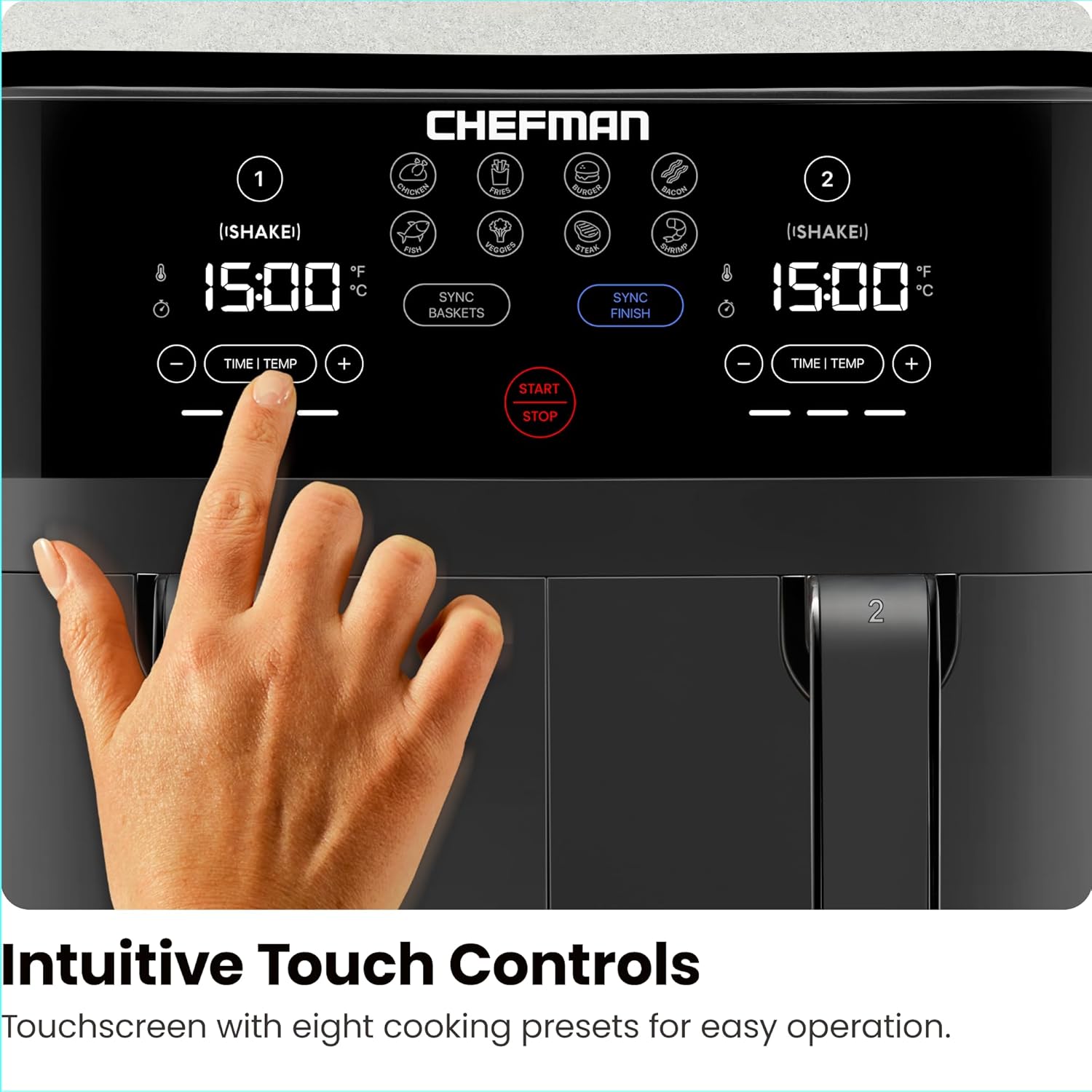 Chefman 6-Quart Dual Basket Air Fryer - Digital Touchscreen, Smart Sync Finish, High-Frying, Auto-Off, 2 Independent 3-Quart Nonstick Pans, Dishwasher-Safe Baskets wourant