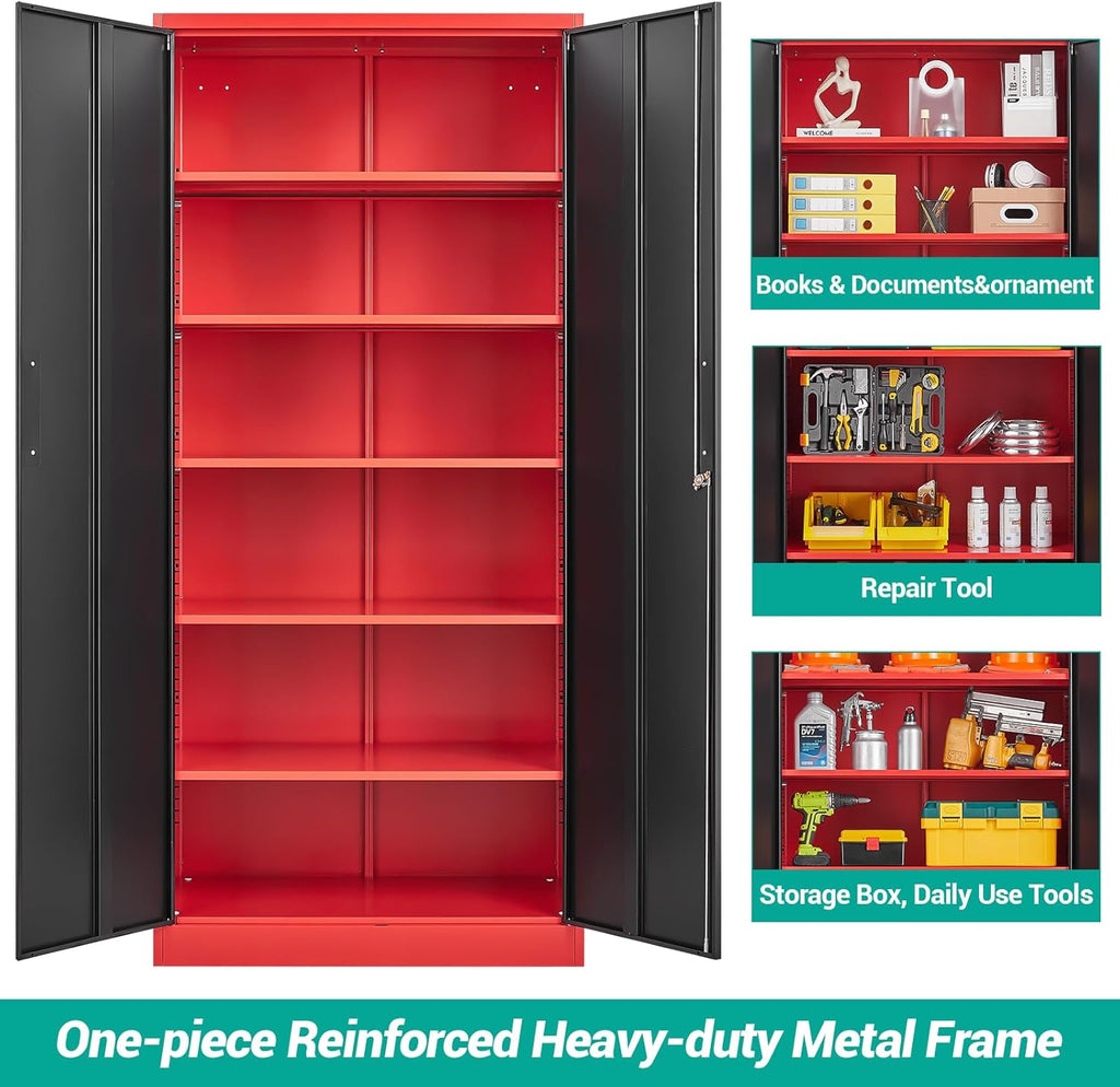 Metal Storage Cabinet with 2 Doors and 6 Shelves, Black Metal Cabinet with Lock, 71 Inch Lockable Garage Storage Cabinet wourant