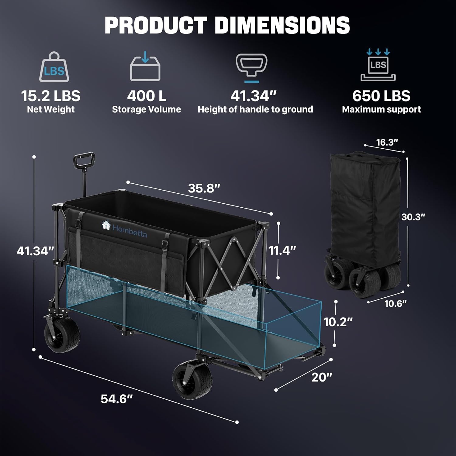 48" Extra Large Folding Travel Cart, 560 lb Capacity, 350 L Heavy Duty Utility Cart with Brakes and All-Terrain Wheels wourant