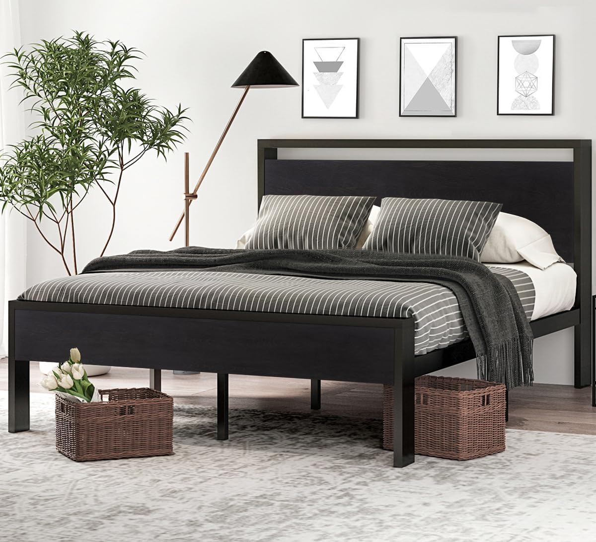 SHA CERLIN 14 Inch Queen Size Metal Platform Bed Frame with Wooden Headboard and Footboard wourant