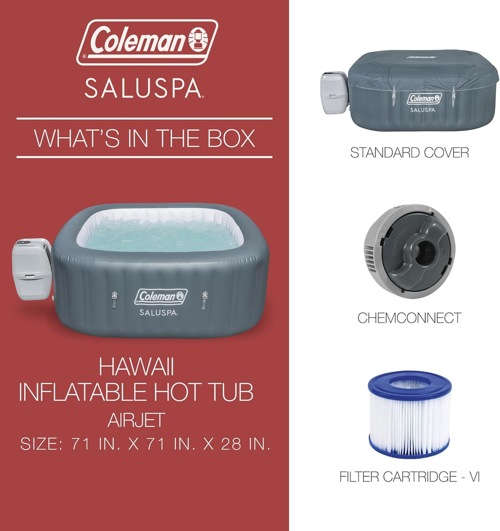Coleman SaluSpa Atlantis AirJet 4 to 6 Person Inflatable Hot Tub Square Portable Outdoor Spa with 140 Soothing Jets with Cover, Blue wourant