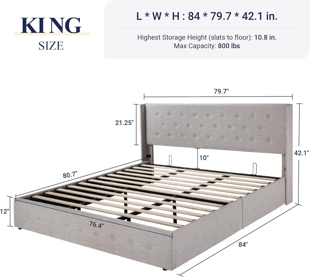 Allewie Queen Size Lift Up Storage Bed Modern Wingback Headboard Hydraulic Support wourant