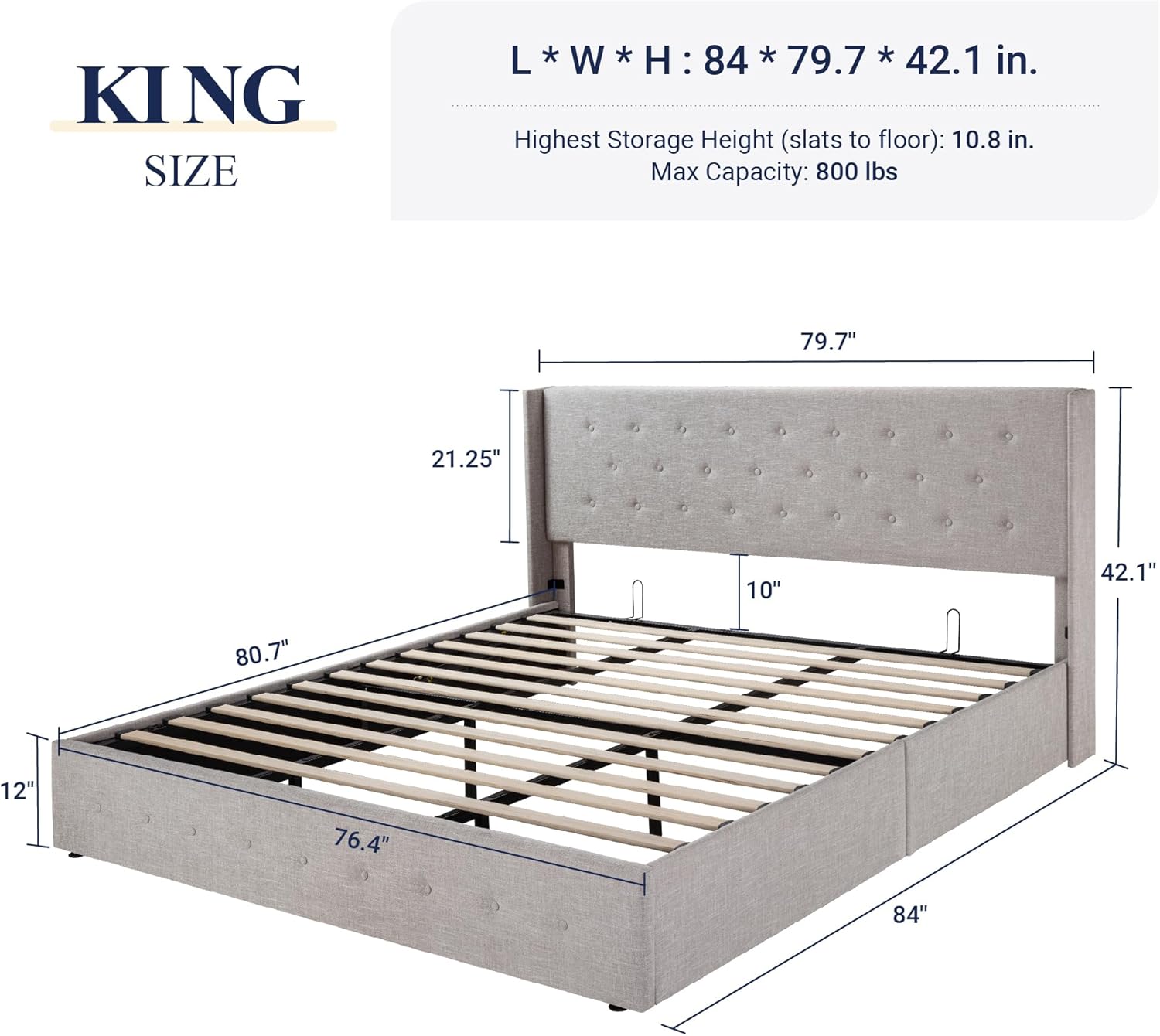 Allewie Queen Size Lift Up Storage Bed Modern Wingback Headboard Hydraulic Support wourant