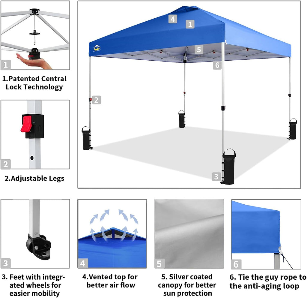 10x10 Pop-Up Awning - One-Click Installation Beach Tent - Outdoor Sunshade Silver Coated Top, 3 Heights and 4 Sand Pockets wourant