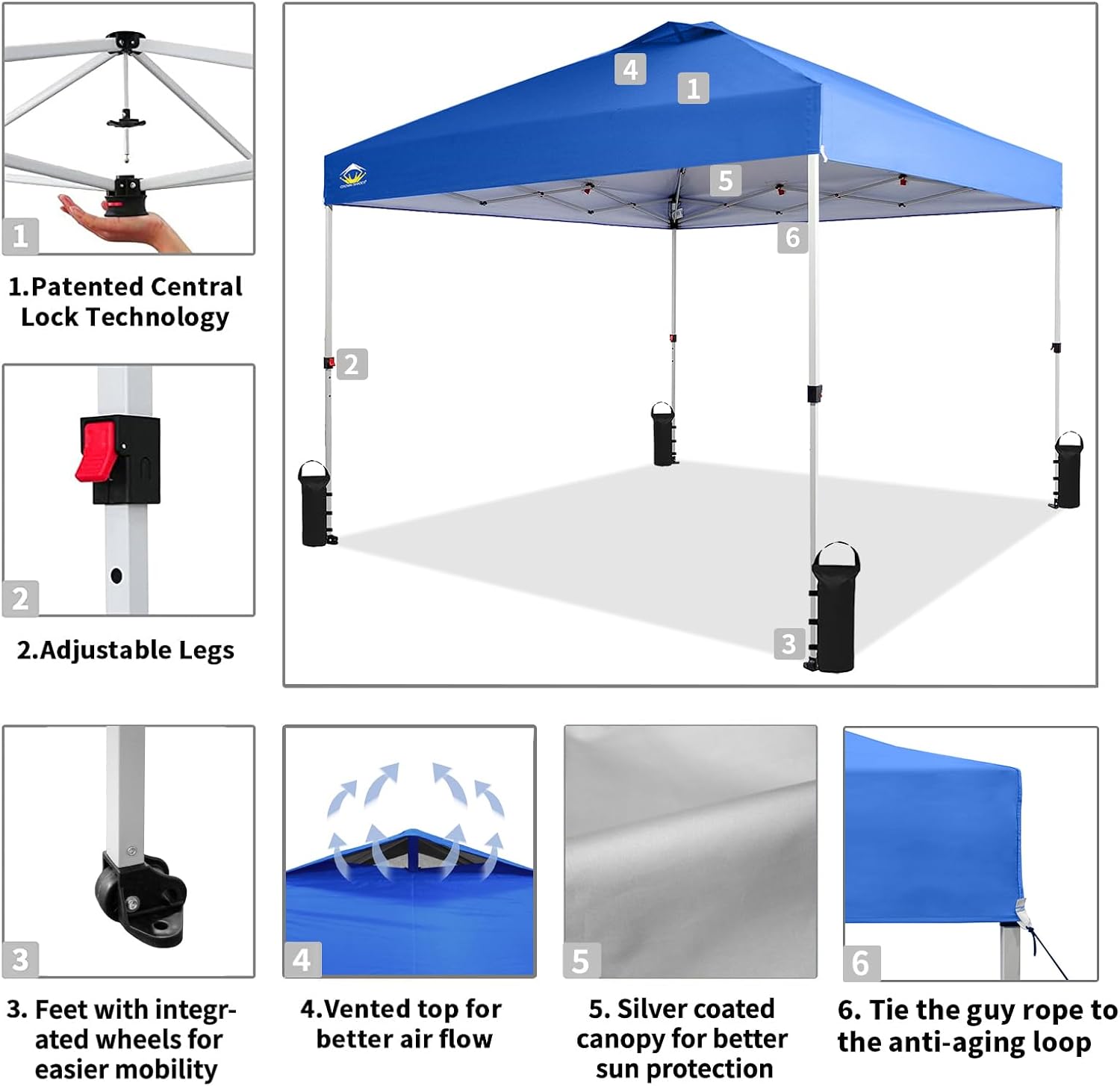 10x10 Pop-Up Awning - One-Click Installation Beach Tent - Outdoor Sunshade Silver Coated Top, 3 Heights and 4 Sand Pockets wourant