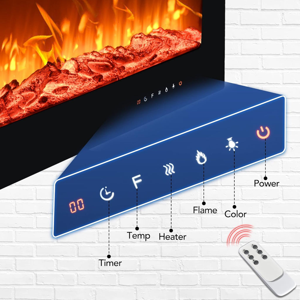 EUHOMY 50 Inch Electric Fireplace Wall Recessed and Wall Mounted with Adjustable Flame Color, Fireplace Heater with Remote Control, Linear Fireplace with Timer, Touch Screen, Log & Crystal, 750/1500W wourant