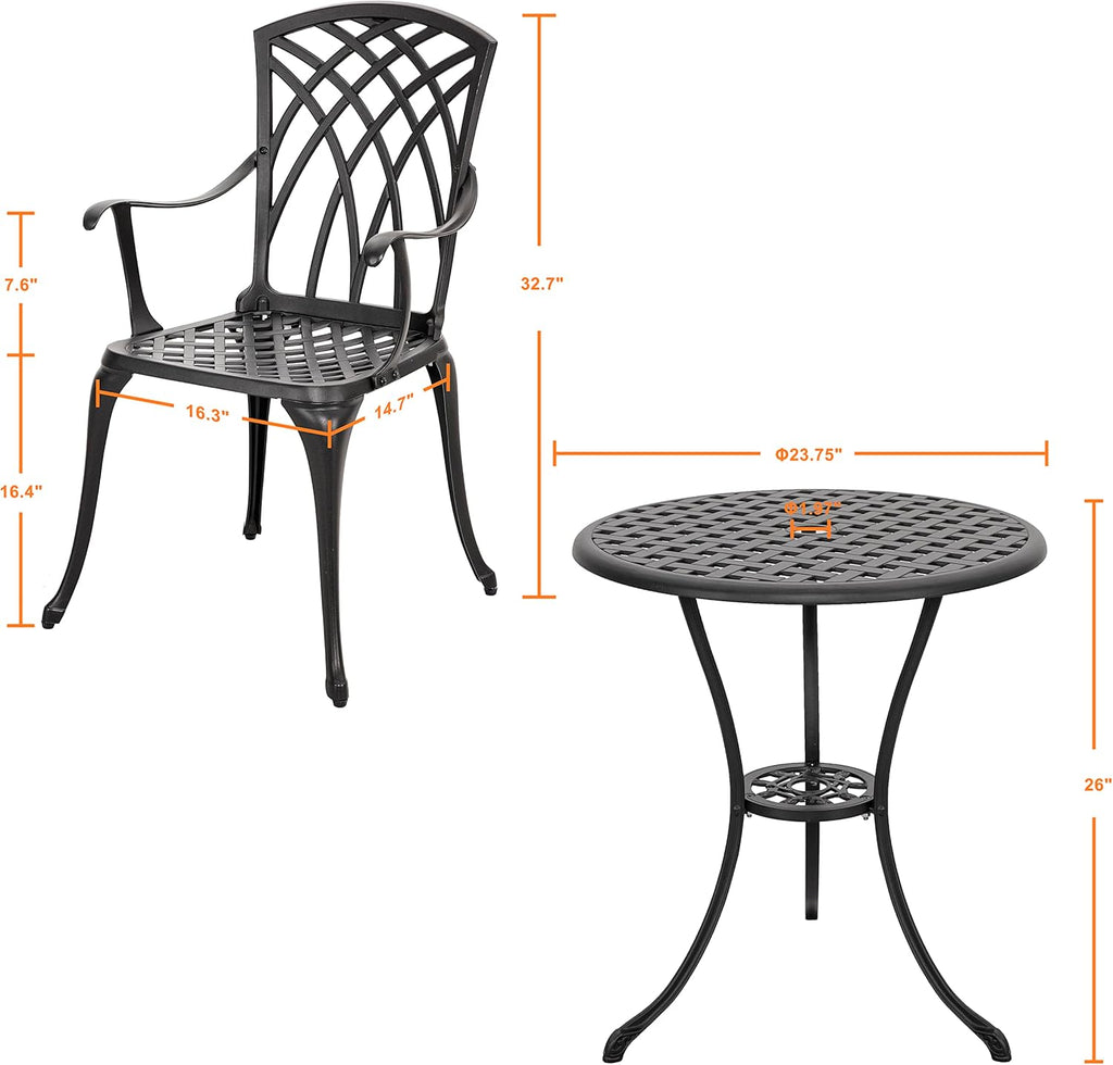 NUU GARDEN Bistro Set 3 Piece Outdoor Cast Aluminum Patio Bistro Set Patio Table and Chairs Set of 2 with Umbrella Hole and Gray Cushions, Black wourant