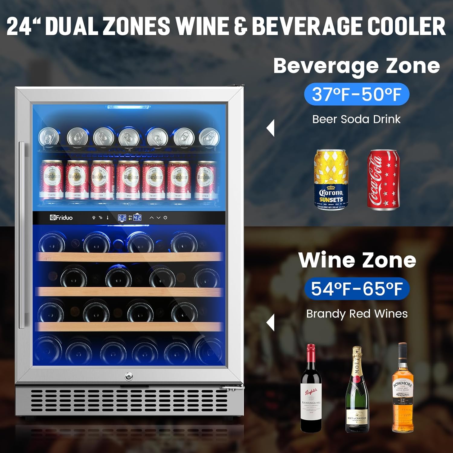 24 inch Dual Zone Beverage Refrigerator, 30 Bottles & 82 Cans Wine Fridge Built-in or Freestanding with Glass Door, Wine and Beverage Refrigerator Cooler for Kitchen Home Bar wourant
