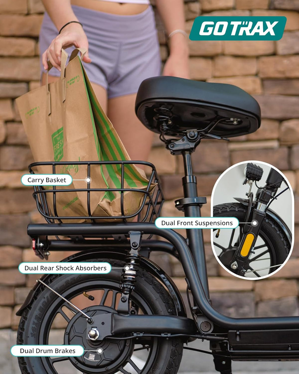Gotrax adult electric scooter with seat, maximum range of 19-25 miles, all-terrain tires, wide pedals, padded seat, and carrycot wourant