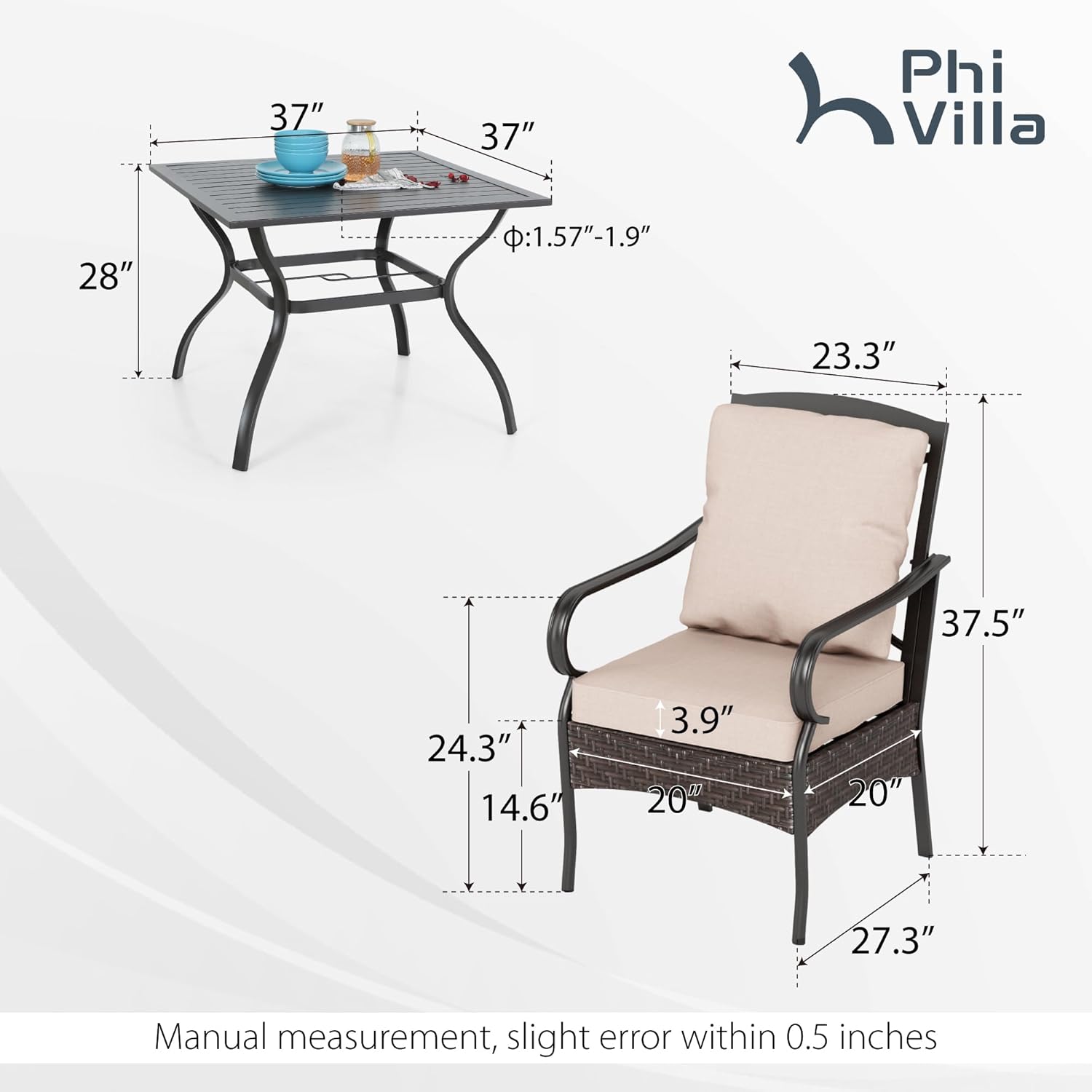 PHI VILLA 6-Piece Outdoor Dining Sets, All-Weather Patio Table and Chairs Set with Umbrella for 4, Heavy Duty Patio Round Table Set for Deck, 4 Extra Large Outdoor Swivel Chairs with Thick Cushions wourant