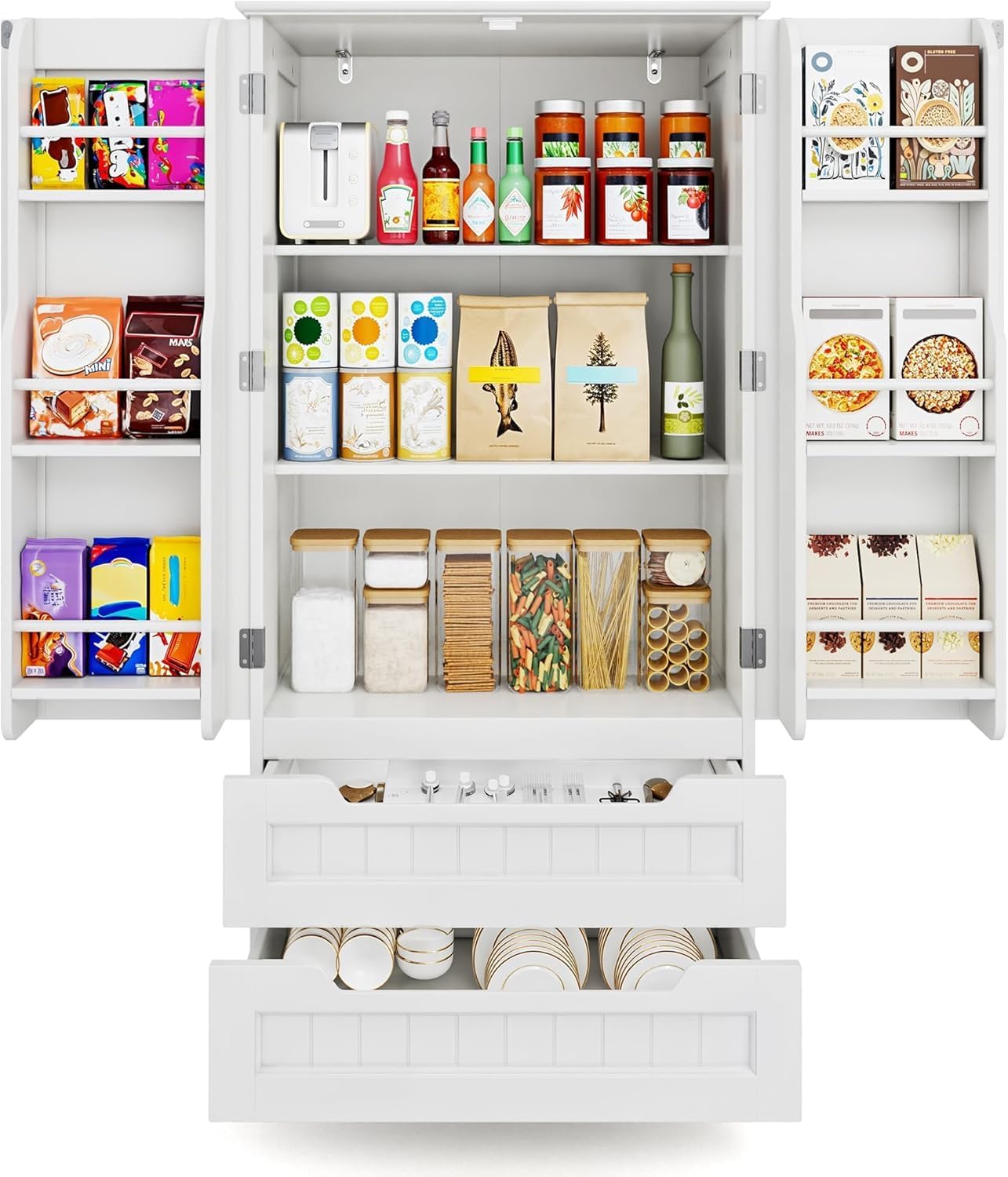Gizoon Kitchen Pantry Storage Cabinet with Drawers Freestanding Bathroom Storage Cabinets with Doors and Shelves, 47" Small Food Pantry Cabinet for Dining Room Craft Room, White wourant