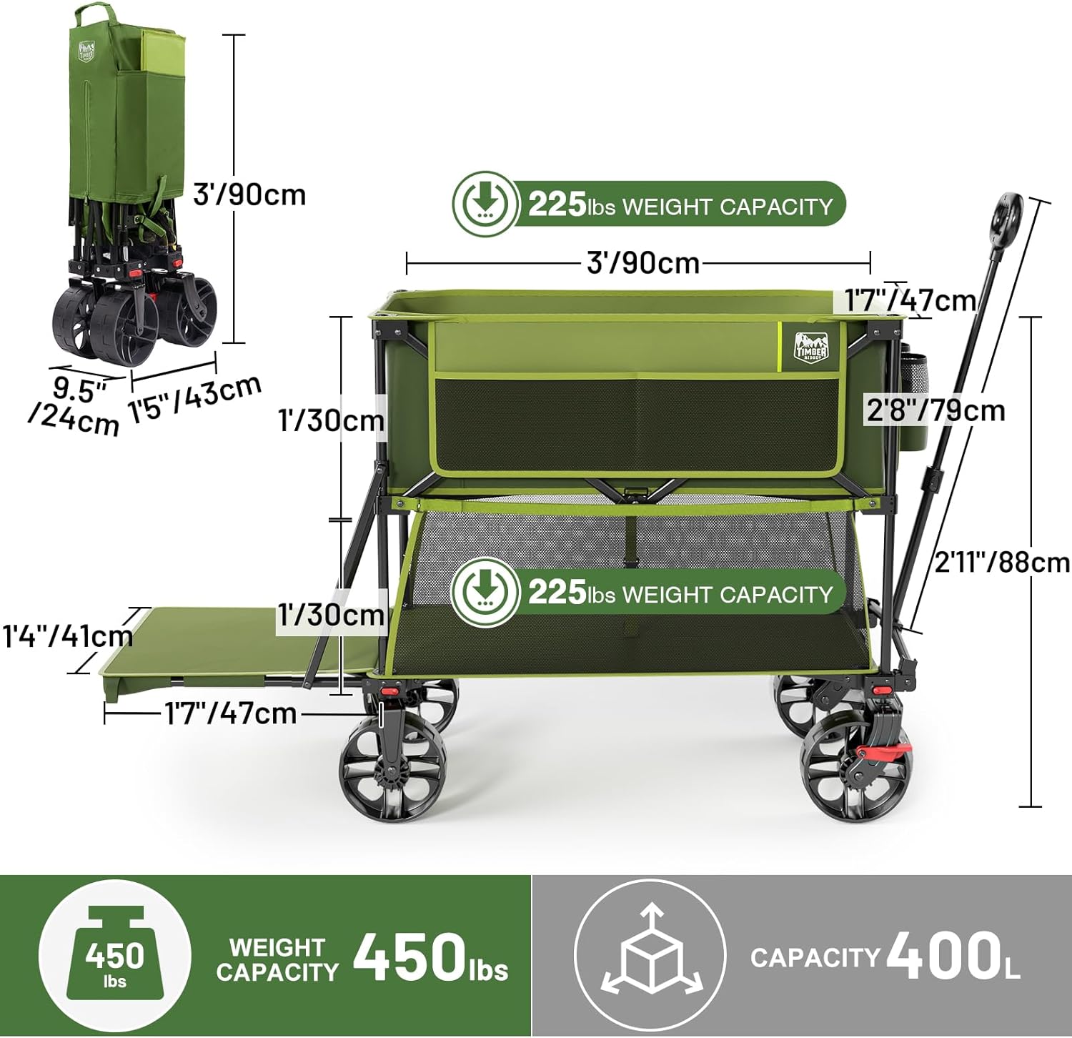 400L Large Capacity Folding Double Decker Cart with Brakes, 54 Inch Extra Long Extended Cart, 450 Pounds Heavy Duty Folding Cart wourant