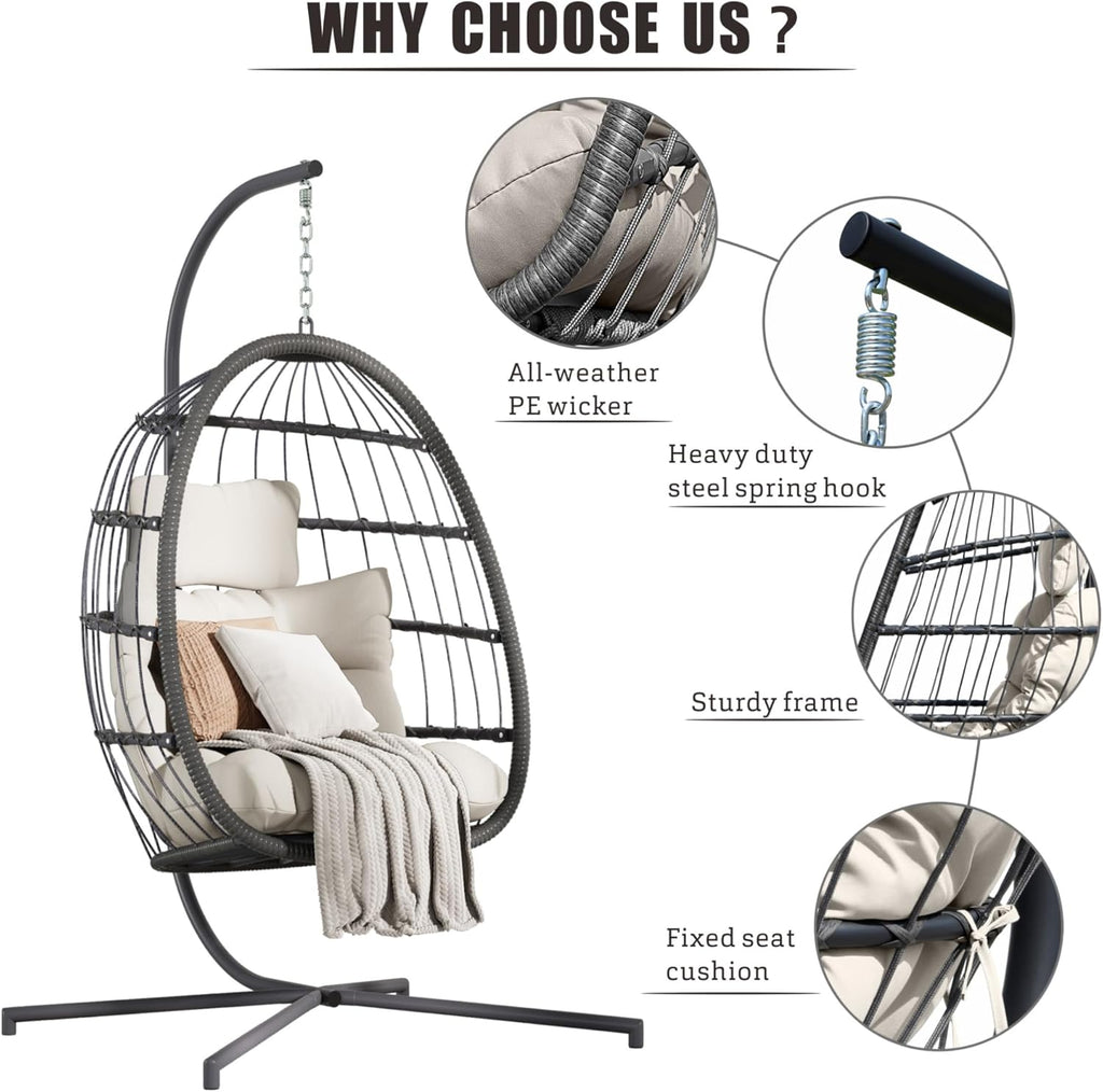 HWB Hanging Egg Chair Patio Wicker Hammock Egg Swing Chair with Cushion for Bedroom wourant