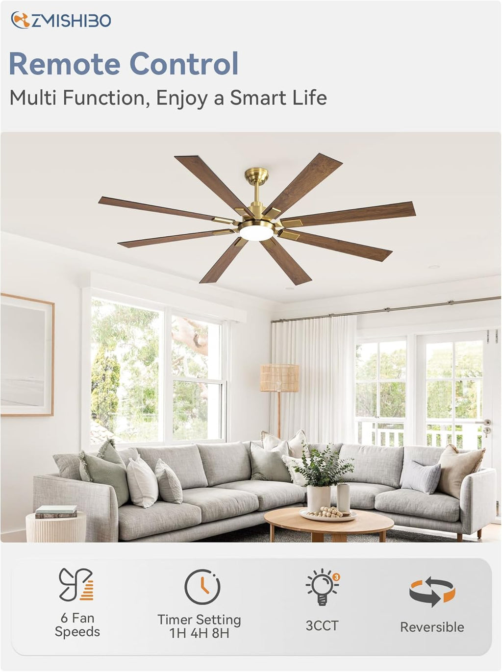 ZMISHIBO 72 inch Large Ceiling Fans with Lights and Remote, Indoor/Outdoor Black Modern Ceiling Fan for Kitchen Living Room Patio, 6 Speed Reversible Quiet DC Motor, 3 CCT, Dual Finish 8 Blades wourant