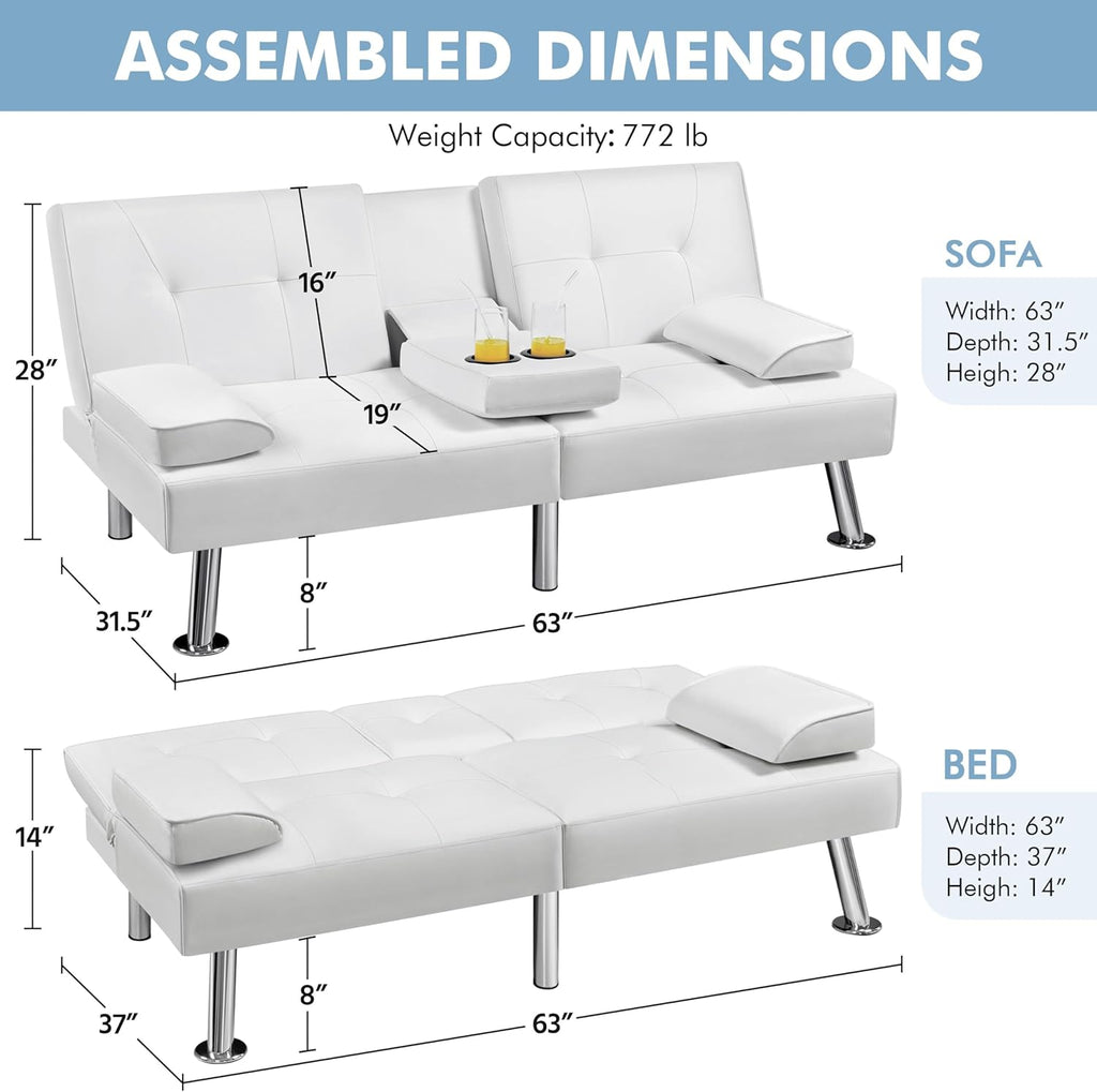 Yaheetech Convertible Sofa Bed Adjustable Couch Sleeper Modern Faux Leather Home Recliner Reversible Loveseat Folding Daybed Guest Bed, Removable Armrests, Cup Holders, 3 Angles, 772lb Capacity, Brown wourant