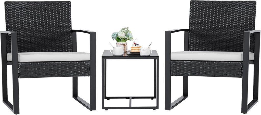Flamaker 3 Pieces Patio Set Outdoor Wicker Furniture Sets Modern Rattan Chair Conversation Sets with Coffee Table for Yard and Bistro (Black) wourant