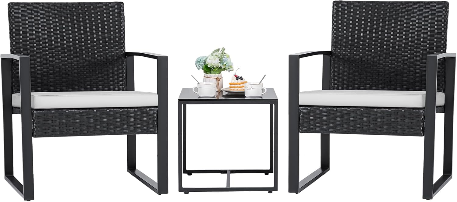 Flamaker 3 Pieces Patio Set Outdoor Wicker Furniture Sets Modern Rattan Chair Conversation Sets with Coffee Table for Yard and Bistro (Black) wourant
