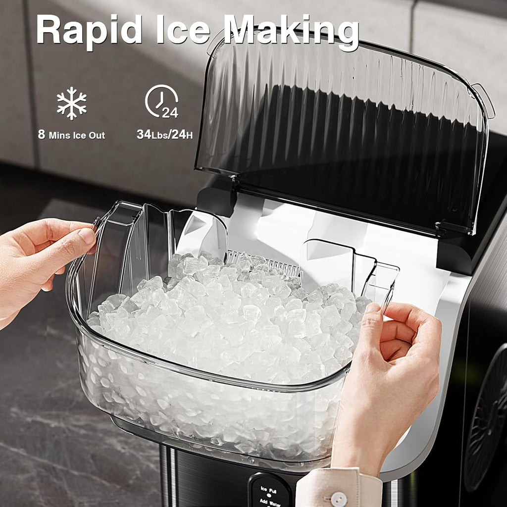 Nugget Ice Makers Countertop, Pebble Ice Machine with Chewable Pellet Ice, 34Lbs/24H, Self-Cleaning, Sonic Ice, One-Click Operation, for Kitchen,Office Stainless Steel Silver wourant