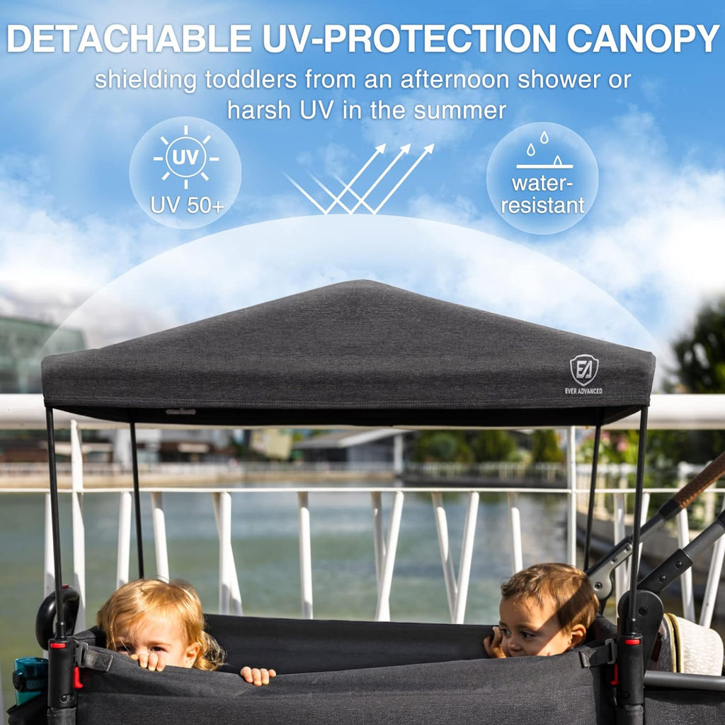 EVER ADVANCED Side-unzip Wagon Stroller for 2 Kids, Push Pull Stroller with Adjustable Handle, Easy Access Front Zipper Door, 5-Point Harness Removable UV-Protection Canopy Shock-Absorbing Wheels,Grey wourant