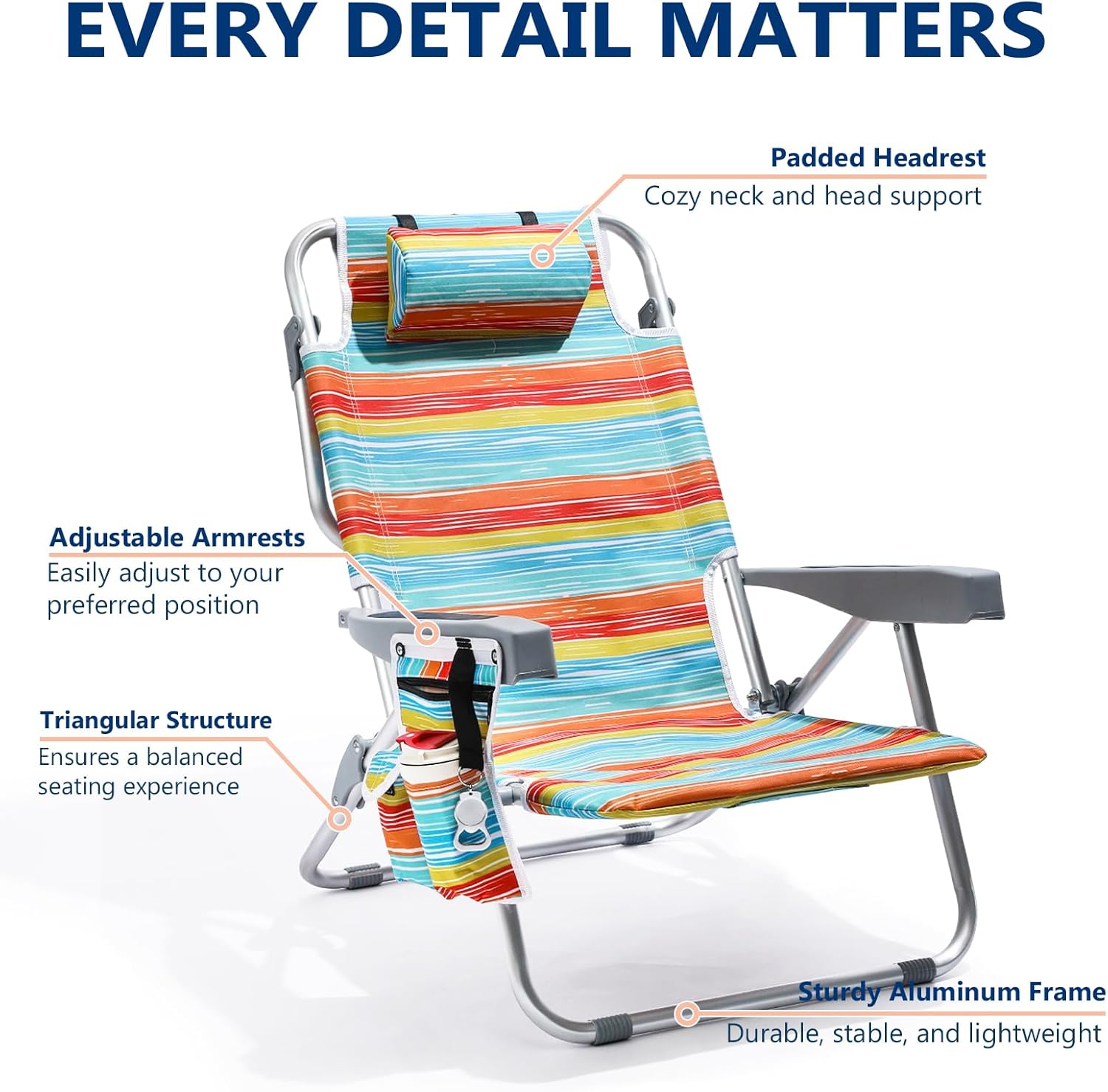 5-Position Aluminum Lay Flat Tall Backpack Beach Chairs 2 Pack Compact Portable Beach Chairs for Adults with Cooler Pouch, Storage Pouch, Towel Bar, Cup Holder & Phone Holder, Blue Stripe wourant