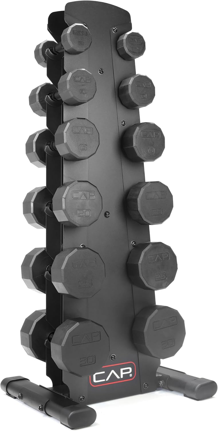 CAP Barbell Rubber Coated Dumbbell Weight Set with Vertical Rack | 100 lb, 150 lb, and 210 lb Options wourant
