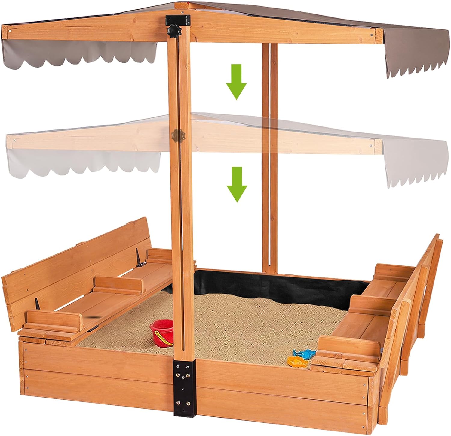 Kids Wooden Outdoor Sandbox w/Canopy, 2 Foldable Bench Seats, Retractable Roof Sand Protection Liner 47x47-Inch wourant