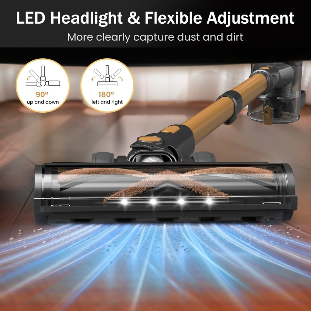 Cordless Vacuum Cleaner, 10-in-1 Lightweight Stick Vacuum with 45mins Runtime, Powerful Suction, LED Touch Screen, Rechargeable Vacuum Cleaners for Home Hardwood Floor Carpet Pet Hair (Gold) woonhhop
