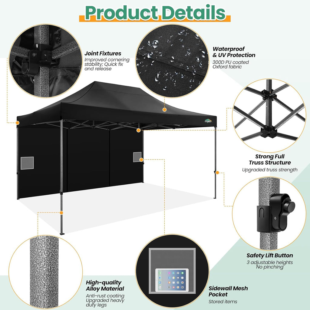 COBIZI 10x20 Heavy Duty Pop up Canopy Tent with 6 sidewalls Easy Up Commercial Outdoor Canopy Wedding Party Tents for Parties All Season Wind & Waterproof Gazebo with Roller Bag,Black(Frame Thickened) wourant