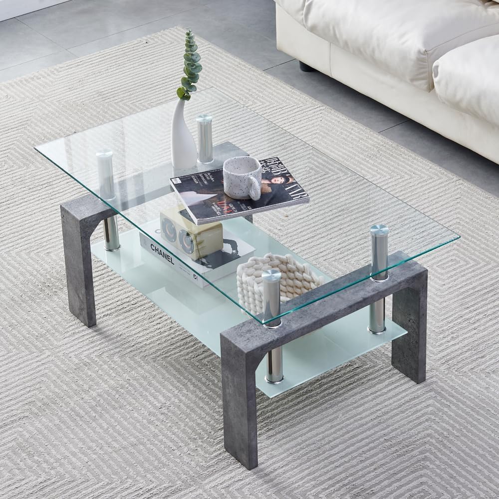 Living Room Rectangle Coffee Table, Tea Table Suitable for Waiting Room, Modern Side Coffee Table with Wooden Leg, Glass Tabletop wourant