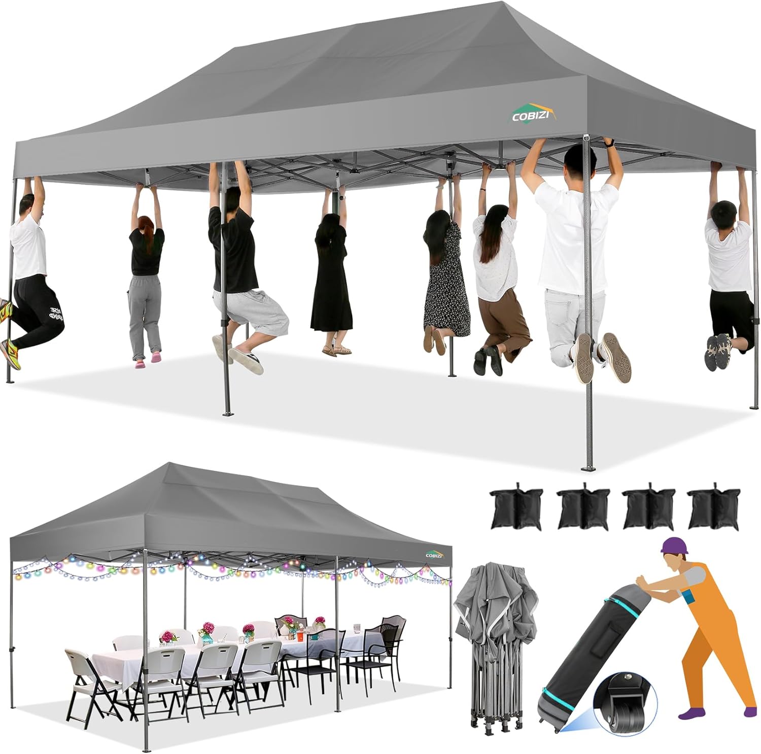 COBIZI 10x20 Heavy Duty Pop up Canopy Tent with 6 sidewalls Easy Up Commercial Outdoor Canopy Wedding Party Tents for Parties All Season Wind & Waterproof Gazebo with Roller Bag,Black(Frame Thickened) wourant