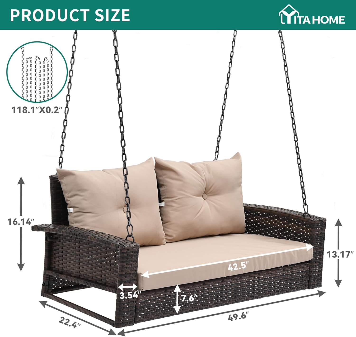 YITAHOME Hanging Porch Swing Chair Sits 3 People, Wicker Outdoor Swing Bench, Patio Lounge Chair, 1 Seating Cushion and 3 Back Cushions, w/Removable Covers, for Garden, Balcony, Backyard, Brown wourant
