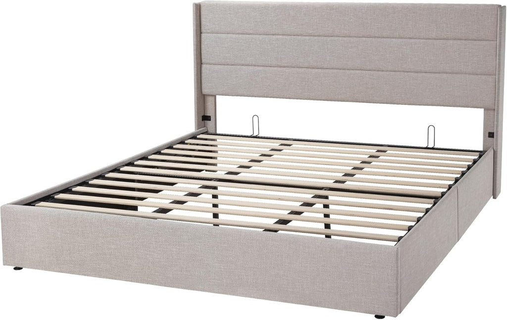 Allewie Queen Size Lift Up Storage Bed Modern Wingback Headboard Hydraulic Support wourant