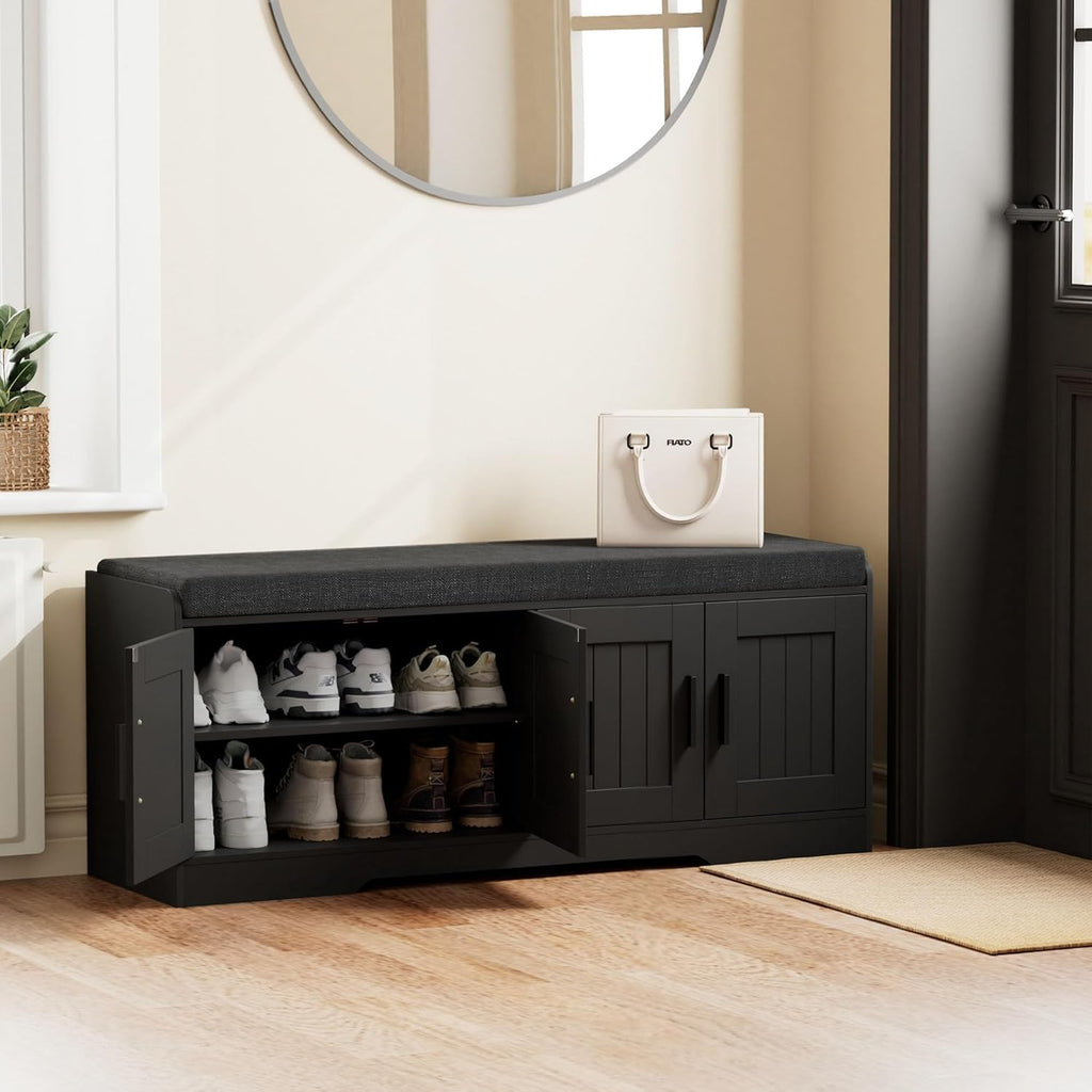 2-Tier Storage Bench, Shoe Bench with Thickened Padded Seat Cushion, Entryway Bench with 4 Doors, Adjustable Shelf wourant