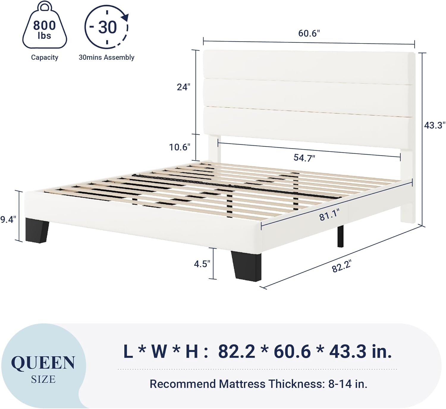 Allewie Queen Size Platform Bed Frame Fabric Upholstered Headboard Wooden Slats Support wourant