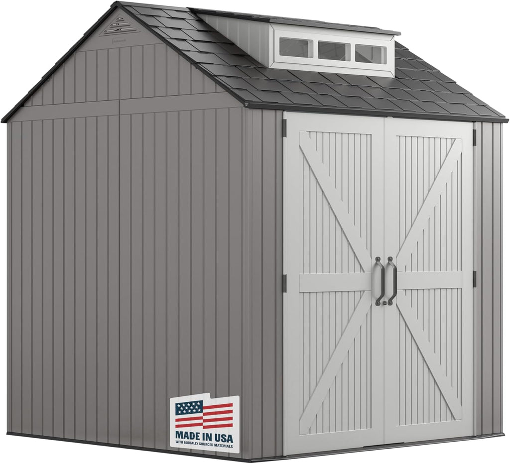 Rubbermaid Resin Outdoor Storage Shed With Floor (7 x 7 Ft) Weather Resistant Gray Organization for Home/Backyard/Garden Tools/Lawn Mower/Bike Storage/Pool Supplies wourant