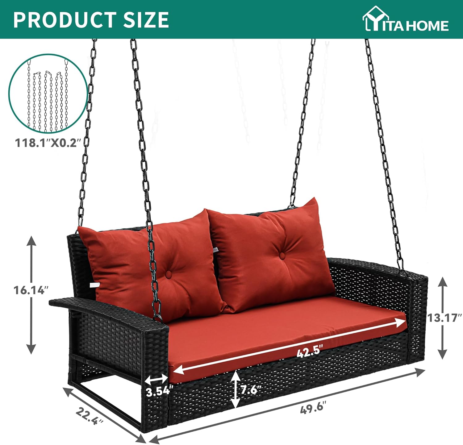 YITAHOME Hanging Porch Swing Chair Sits 3 People, Wicker Outdoor Swing Bench, Patio Lounge Chair, 1 Seating Cushion and 3 Back Cushions, w/Removable Covers, for Garden, Balcony, Backyard, Brown wourant