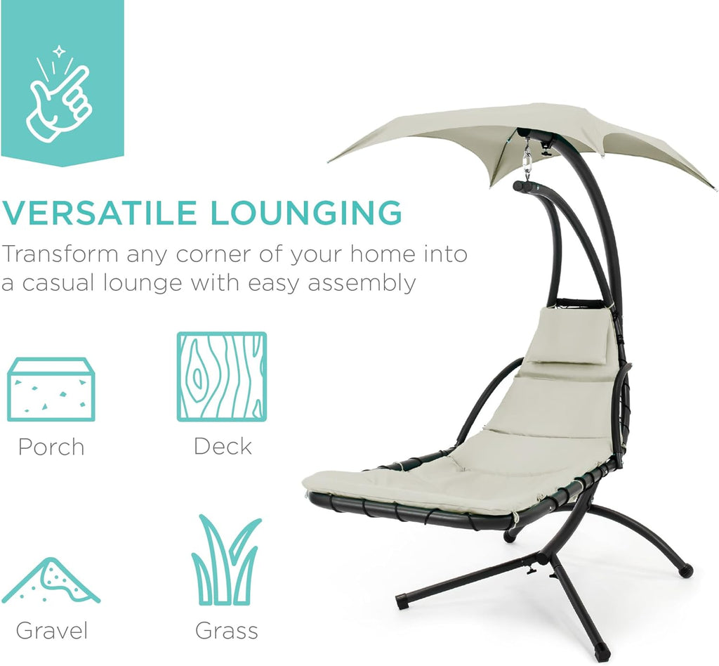 Best Choice Products Outdoor Hanging Curved Steel Chaise Lounge Chair Swing w/Built-in Pillow and Removable Canopy - Charcoal Gray wourant