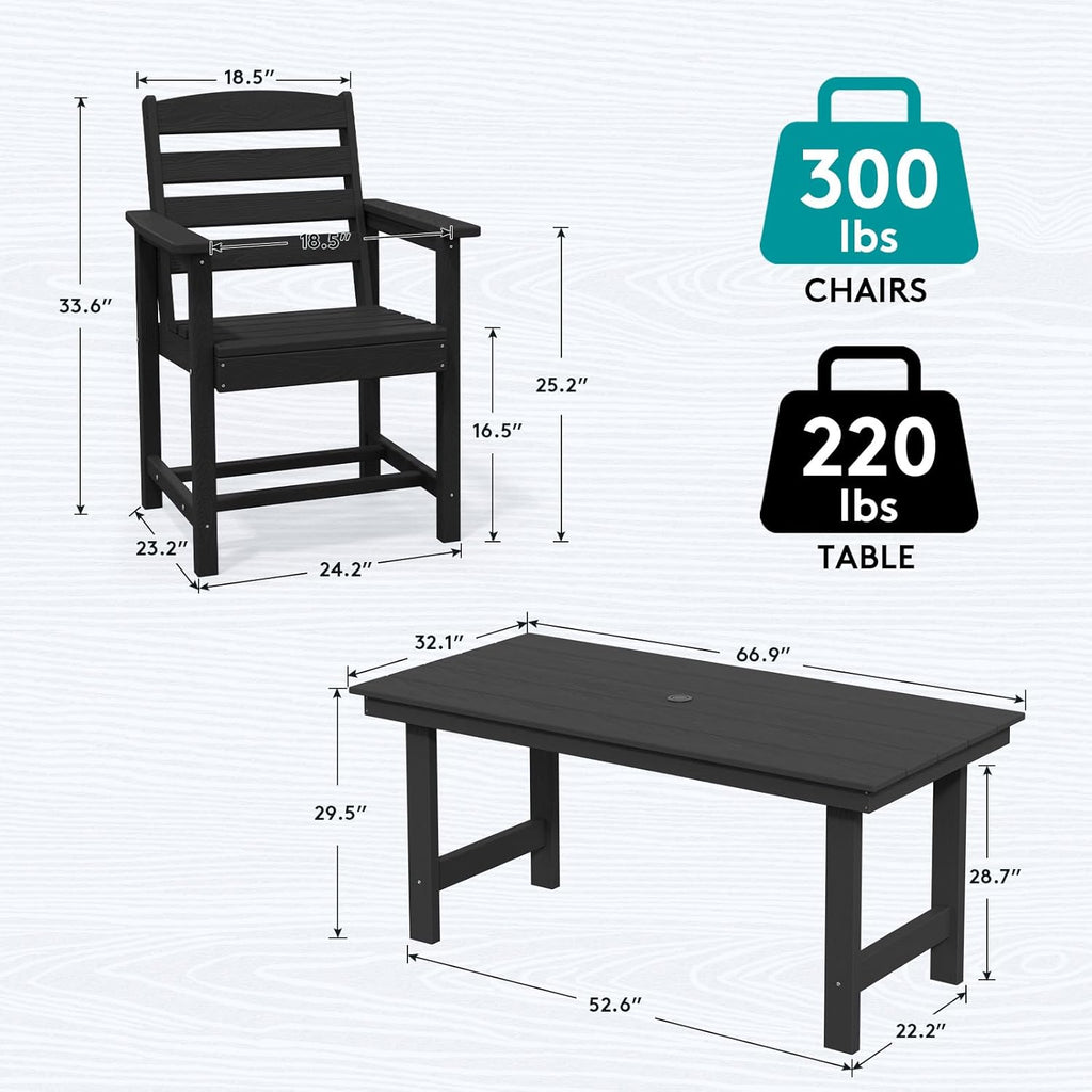 Outdoor HDPE Dining Table Set, 7-Piece Outdoor Dining Table Sets with Umbrella Hole Cut-Out Table and 6 Chairs wourant