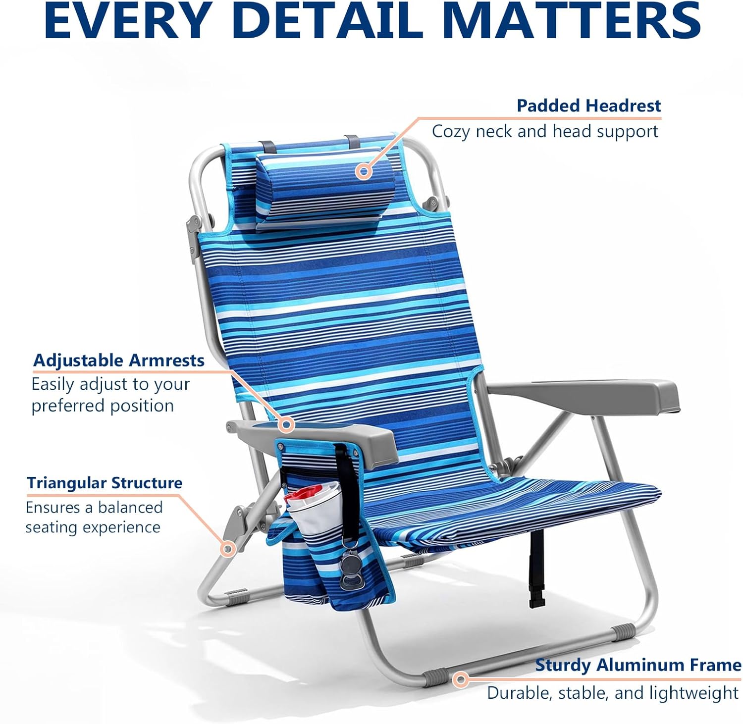 5-Position Aluminum Lay Flat Tall Backpack Beach Chairs 2 Pack Compact Portable Beach Chairs for Adults with Cooler Pouch, Storage Pouch, Towel Bar, Cup Holder & Phone Holder, Blue Stripe wourant