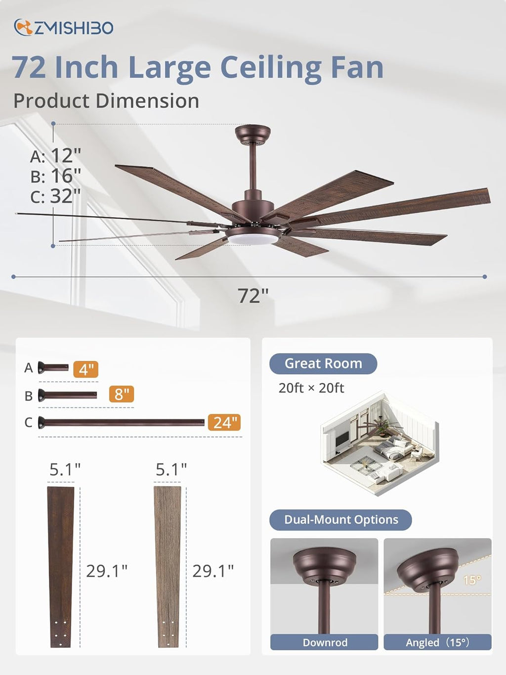 ZMISHIBO 72 inch Large Ceiling Fans with Lights and Remote, Indoor/Outdoor Black Modern Ceiling Fan for Kitchen Living Room Patio, 6 Speed Reversible Quiet DC Motor, 3 CCT, Dual Finish 8 Blades wourant
