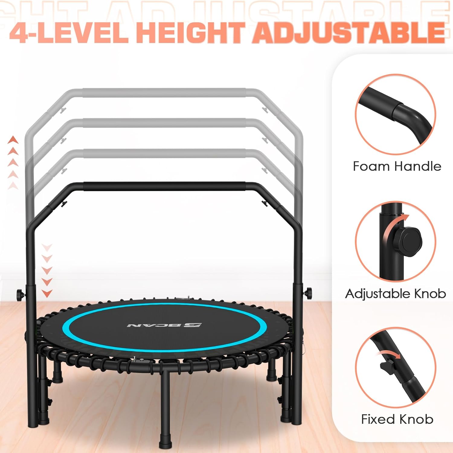 BCAN 450/550 LBS Foldable Mini Trampoline, 40"/48" Fitness Trampoline with Bungees, U Shape Adjustable Foam Handle, Stable & Quiet Exercise Rebounder for Adults Indoor/Outdoor Workout wourant