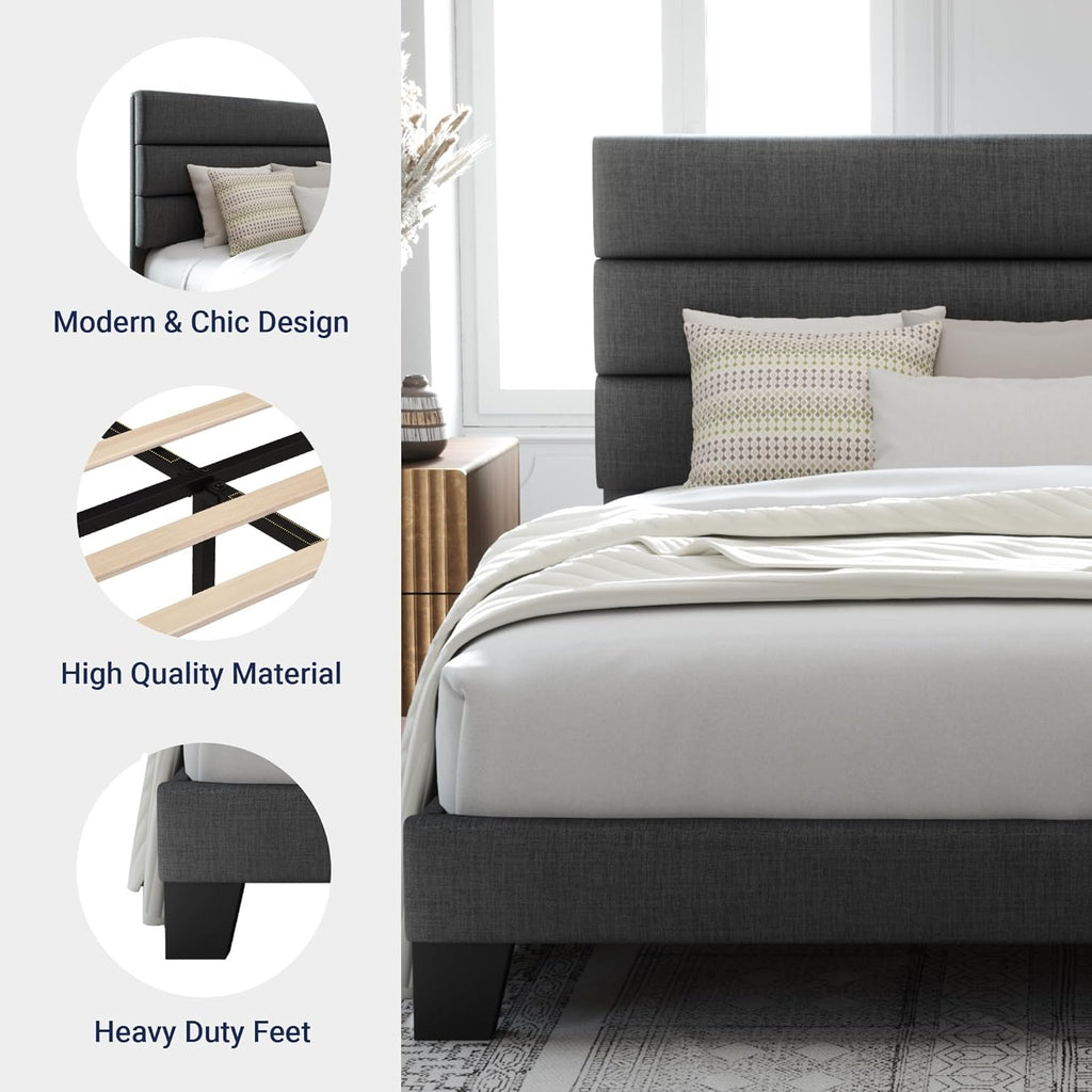Allewie Queen Size Platform Bed Frame Fabric Upholstered Headboard Wooden Slats Support wourant