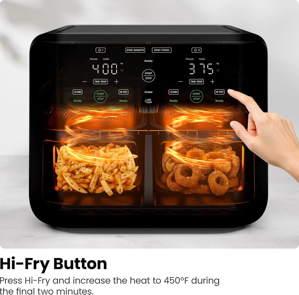 Chefman 6-Quart Dual Basket Air Fryer - Digital Touchscreen, Smart Sync Finish, High-Frying, Auto-Off, 2 Independent 3-Quart Nonstick Pans, Dishwasher-Safe Baskets wourant