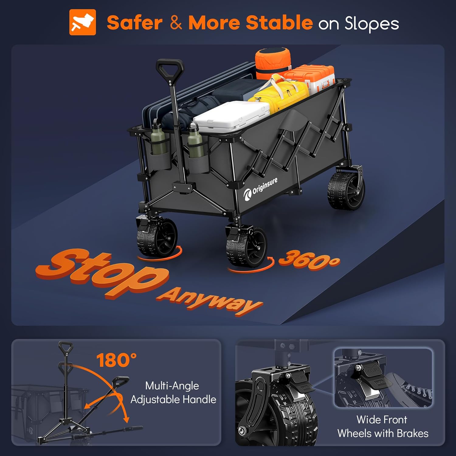 38" long foldable four-wheel stroller, foldable, 460 lb capacity, 220 liter heavy-duty folding beach stroller with large all-terrain tires wourant