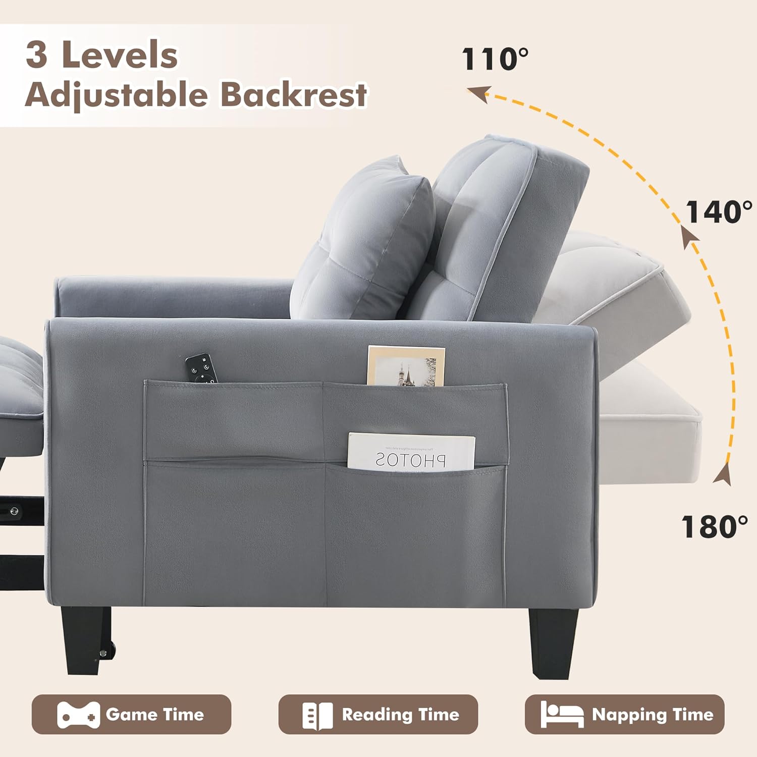 Convertible Sleeper Chair, 3 in 1 Sleeper Chair Bed Pull Out Sofa Bed Chairs, Velvet Single Sofa with Adjustable Backrest wourant