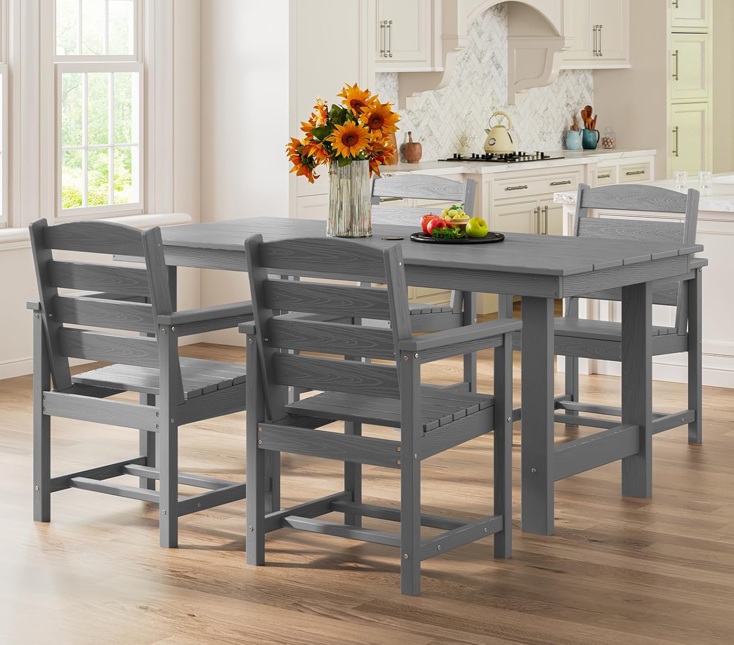Outdoor HDPE Dining Table Set, 7-Piece Outdoor Dining Table Sets with Umbrella Hole Cut-Out Table and 6 Chairs wourant
